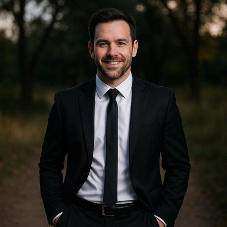 Portrait of a handsome man in a black suit and tie.