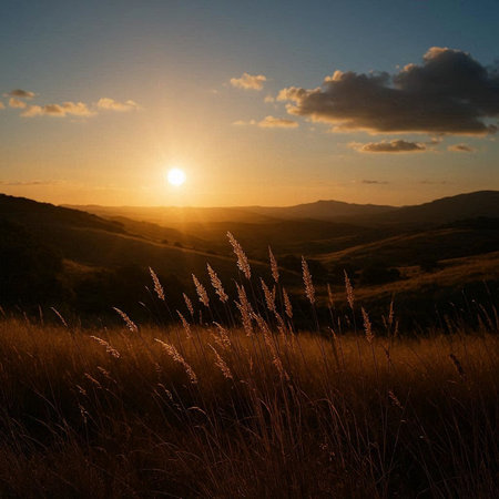 Beautiful sunset in the mountains with grasses and mountains in the background