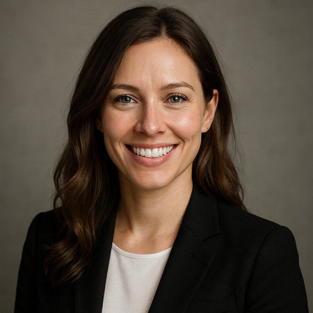 Portrait of a smiling businesswoman in a suit on a gray background