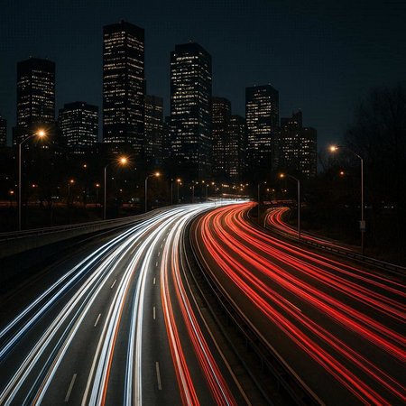Night traffic in the city. Light trails on the road. Illustration