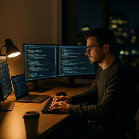 Programmer working on a computer late at night in a dark office