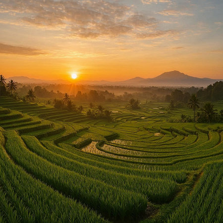 Rice terraces at sunset in Bali, Indonesia. Nature background