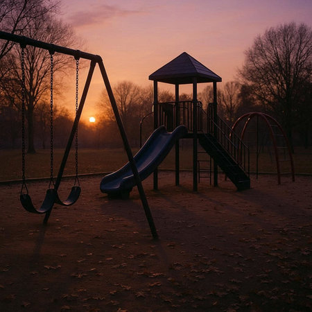 Playground in the park at sunset with a swing and a slide