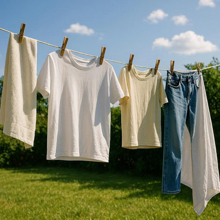 Clothes drying on a clothesline in the garden. Summer.