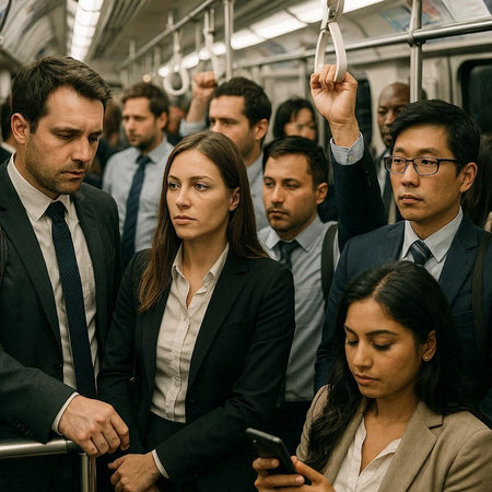 Group of business people using a mobile phone in a subway car.