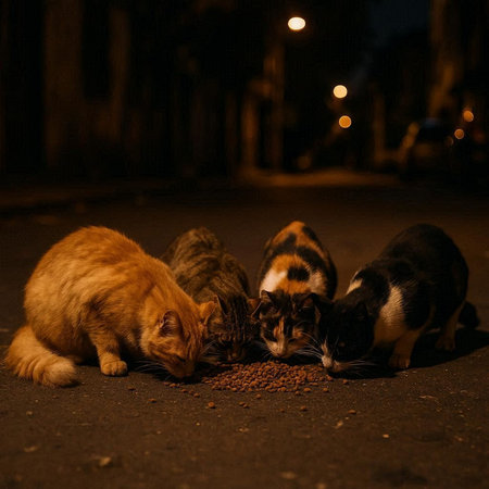 Cats eating food on the street at night. Selective focus.