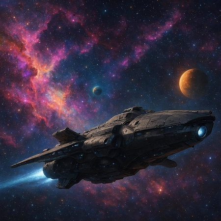 Futuristic spaceship in space against the background of the nebula