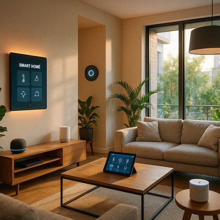 Interior of a living room with a sofa and a coffee table
