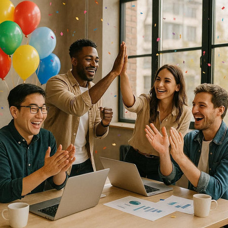 Group of happy young business people in smart casual wear celebrating their success while sitting at the office table with a laptop and confetti