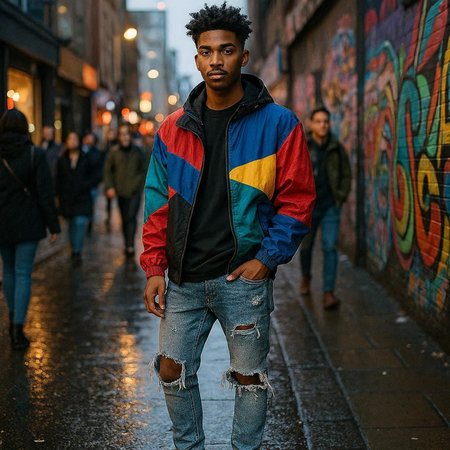 Fashionable african american man with afro hairstyle wearing a colorful jacket and jeans posing in an urban context.