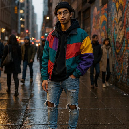 Portrait of a young man in a colorful jacket on a city street