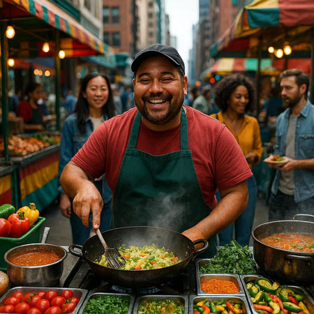 Man selling vegetables at street food market in New York City, USA.