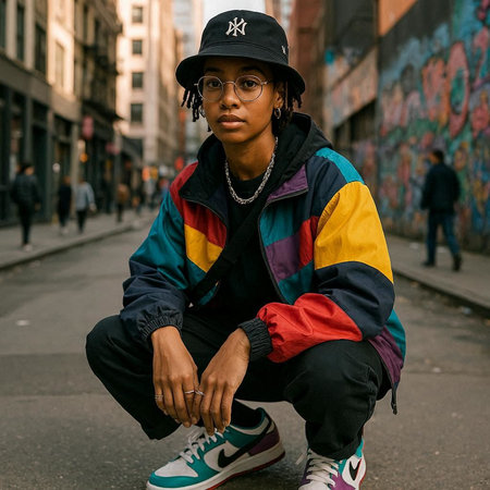 stylish african american woman in cap and sunglasses sitting on street