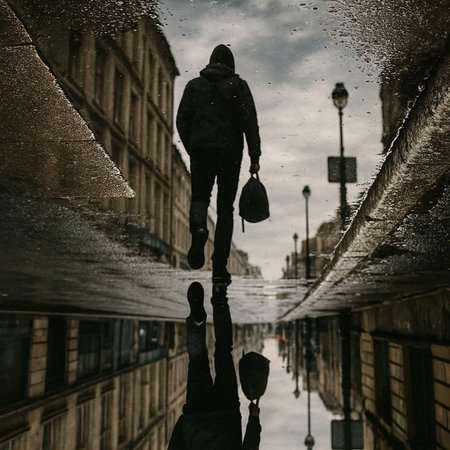 A young man is walking in the rain on a rainy day.