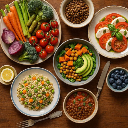 Healthy food selection on wooden background. Top view, flat lay.