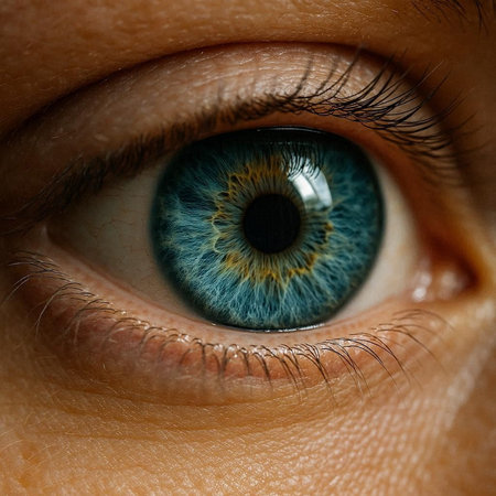 Close up of human eye with blue iris. Macro shot.