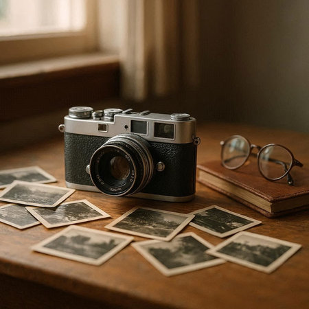 Vintage camera and old photos on a wooden table in the room