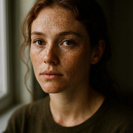Portrait of a young woman with freckles on her face