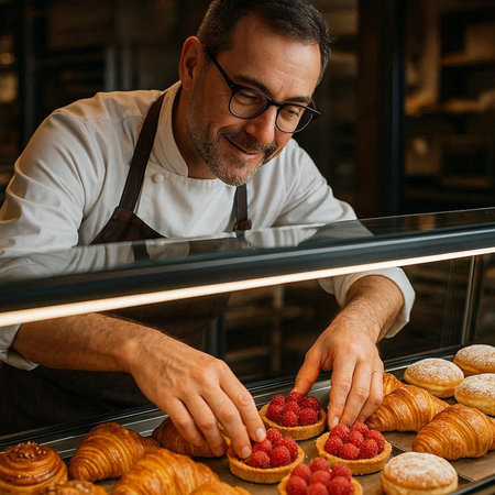 Delicious pastries. Handsome mature man in apron and eyeglasses working in the bakery.