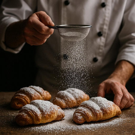 Croissants sprinkled with powdered sugar on a wooden table in the kitchen