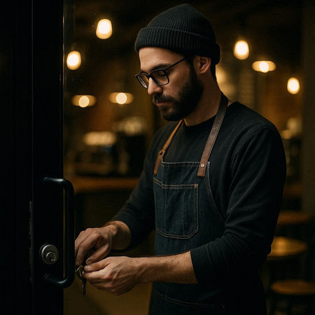 Portrait of a young bearded man in apron opening the door.