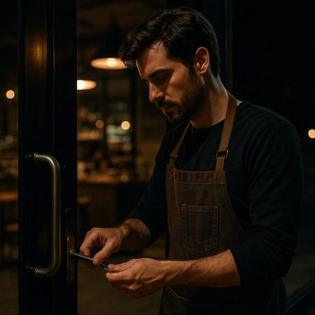 Portrait of a handsome young man in apron opening door at night.