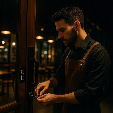 Handsome barista in apron opening door at night.
