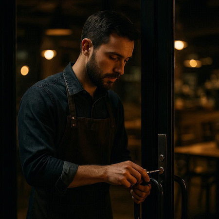 Portrait of handsome man in apron opening door at night.
