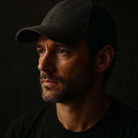 Portrait of a man with a baseball cap on a dark background