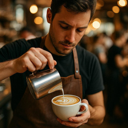 Barista pouring milk into a cup of latte art coffee.