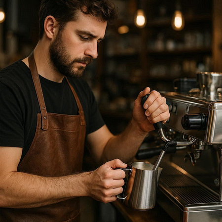 Close-up portrait of a male barista preparing coffee in a cafe