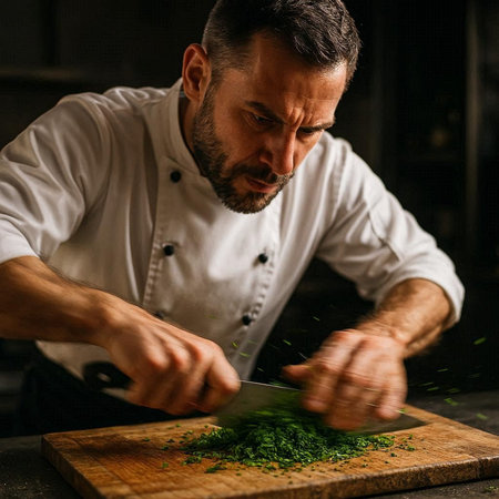 Chef chopping greens on a wooden board in a restaurant kitchen.