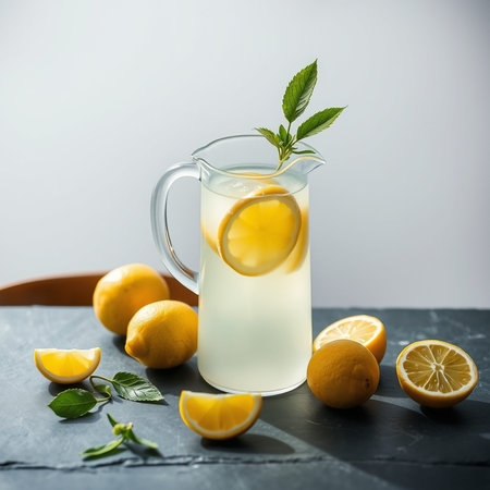 Lemonade with lemon and mint in a glass jug on a gray background