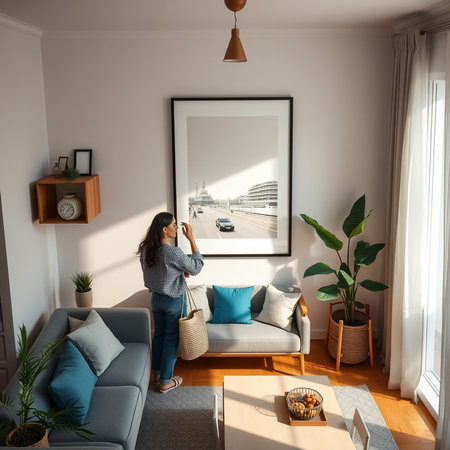 Woman taking photo of modern living room interior in scandinavian style