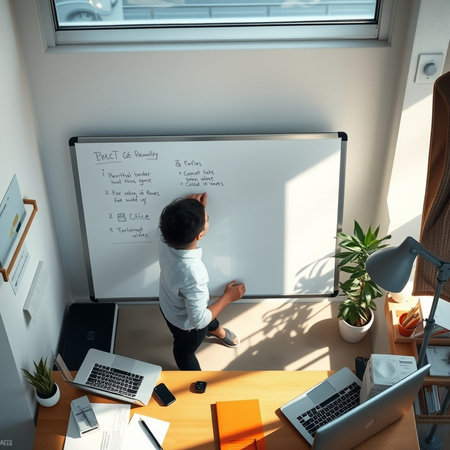 high angle view of young businessman writing on whiteboard in modern office