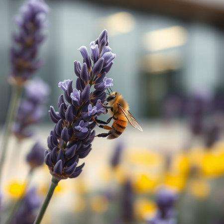 Bee on lavender flower, shallow depth of field, selective focus