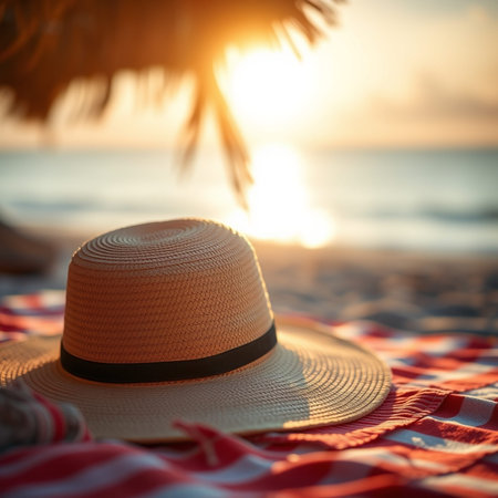 Straw hat on a towel on the beach at sunset. Selective focus.