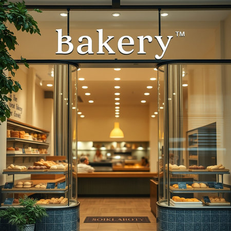 Bakery shop entrance with fresh pastries. 3d rendering.