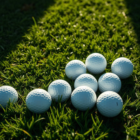 Golf balls on green grass ready to be shot into the hole