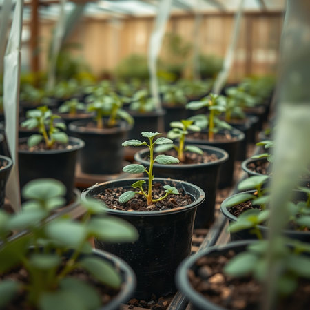 Seedlings of tomatoes in a greenhouse. Selective focus.