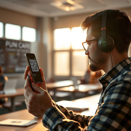 Handsome young man in headphones using a smartphone and listening to music.