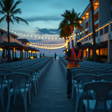 Industrial worker standing in front of a row of empty chairs at night.