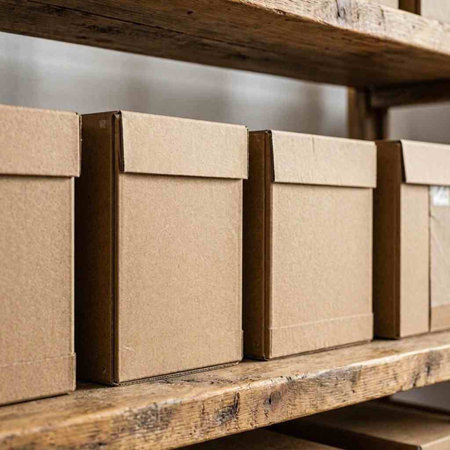 Cardboard boxes on a wooden shelf in a warehouse. Warehouse storage.