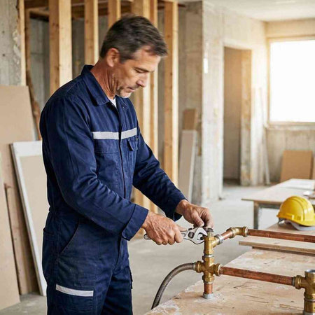 Carpenter working at a construction site. Male worker in blue overalls and helmet.