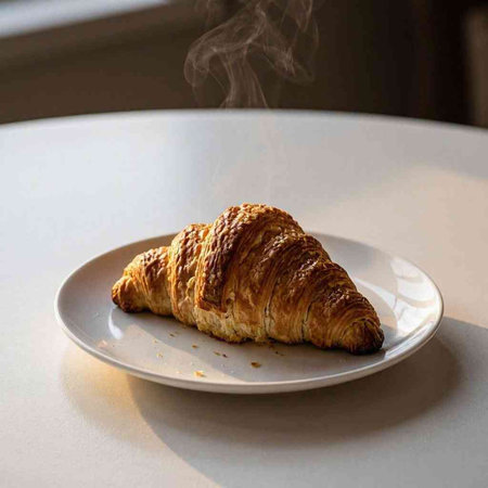 Freshly baked croissant on a plate on a white table
