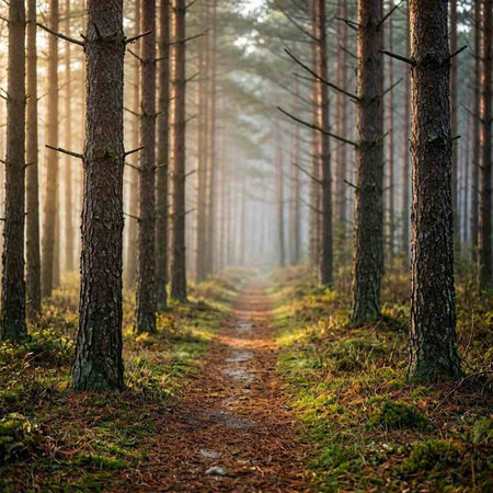 Pathway in the pine forest at sunset. Beautiful autumn landscape.