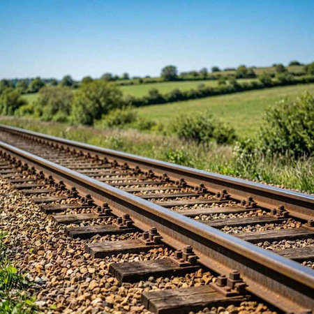 Railway tracks in the countryside with a blue sky in the background
