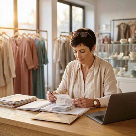Mature businesswoman working in her office, she is writing notes.