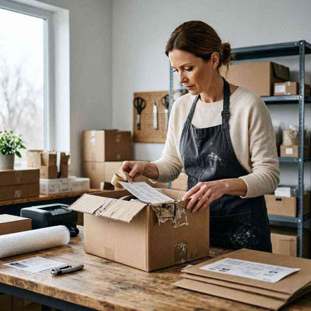Woman in apron packing parcel box in warehouse. Young female entrepreneur in apron packing parcel box.