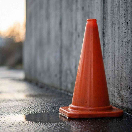 Traffic cone on a rainy day. Close-up image.